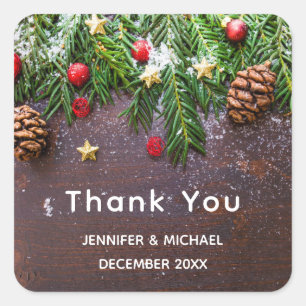 Rustic Christmas Table with Pine & Snow Thank You Square Sticker