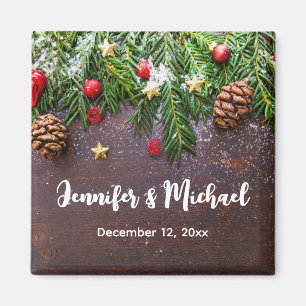 Rustic Christmas Table with Pine & Snow Wedding Magnet