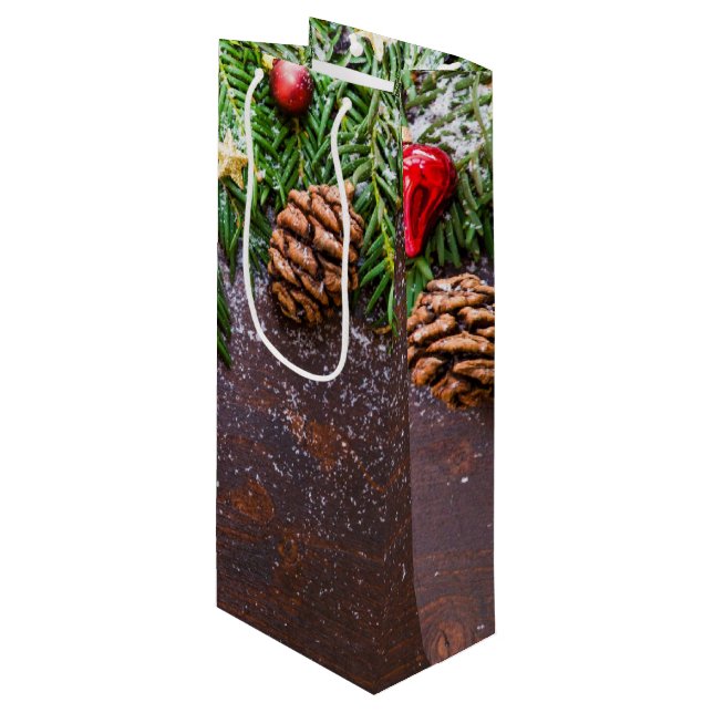 Rustic Christmas Table with Pine & Snow Wine Gift Bag (Front Angled)
