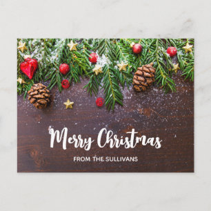 Rustic Christmas Table with Pine & Snow Xmas Holiday Postcard