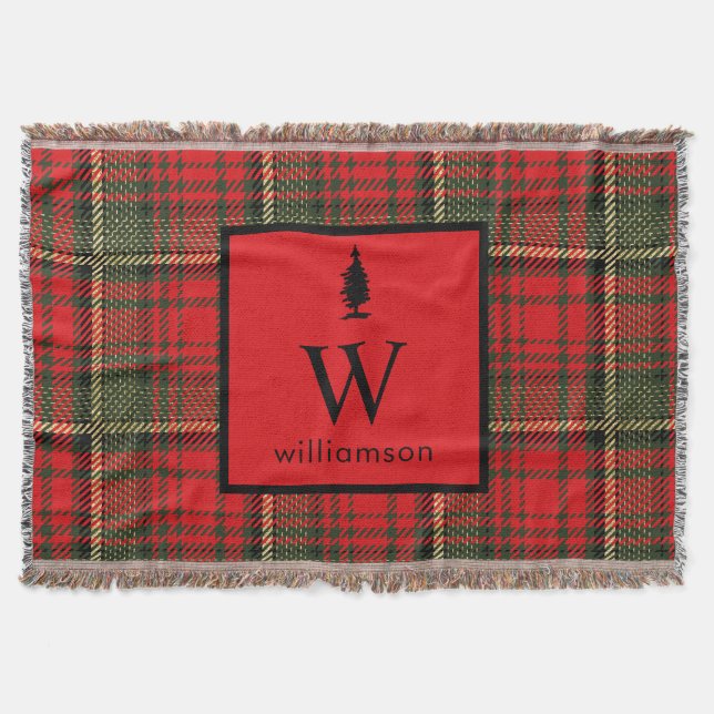 Rustic Christmas Tartan Christmas Plaid Monogram Throw Blanket (Front)