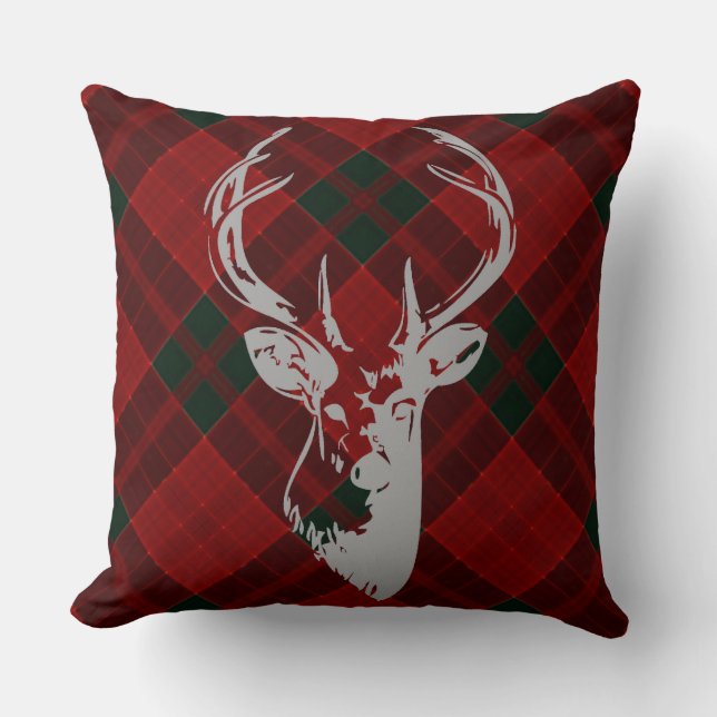 Rustic Christmas Tartan Pattern Country Deer Head Throw Pillow (Front)