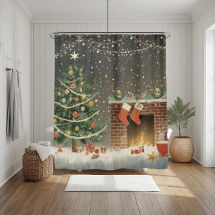 Rustic Christmas Tree and Fireplace Shower Curtain