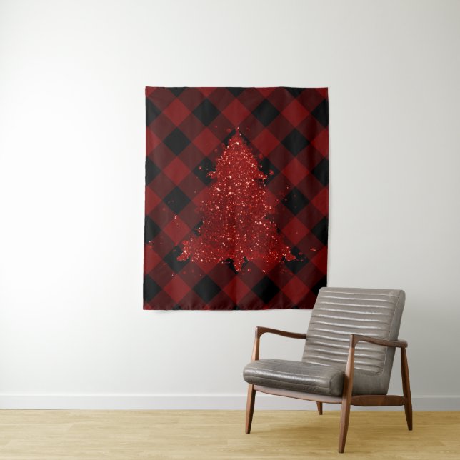 Rustic Christmas Tree Buffalo Plaid Dark Red Black Tapestry (In Situ)