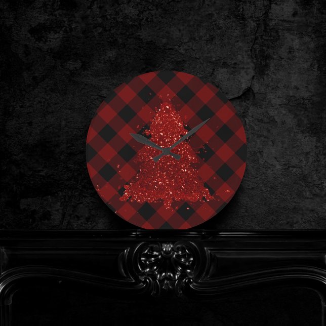 Rustic Christmas Tree Buffalo Plaid Modern Chequer Round Clock (Creator Uploaded)