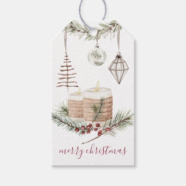 Rustic Christmas Tree Candles & Ornaments Gift Tag (Front)