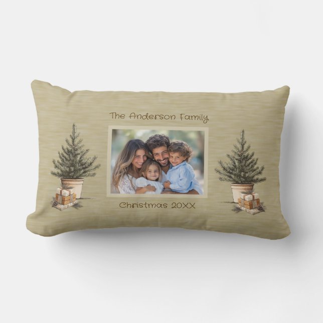 Rustic Christmas Tree Gifts Family Photo    Lumbar Pillow (Front)
