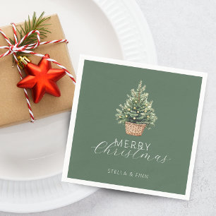 Rustic Christmas Tree In Basket Dusty Green Napkin