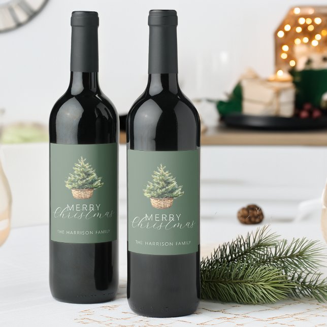 Rustic Christmas Tree In Basket Dusty Green Wine Label (Rustic Christmas Tree In Basket Dusty Green Wine Label)