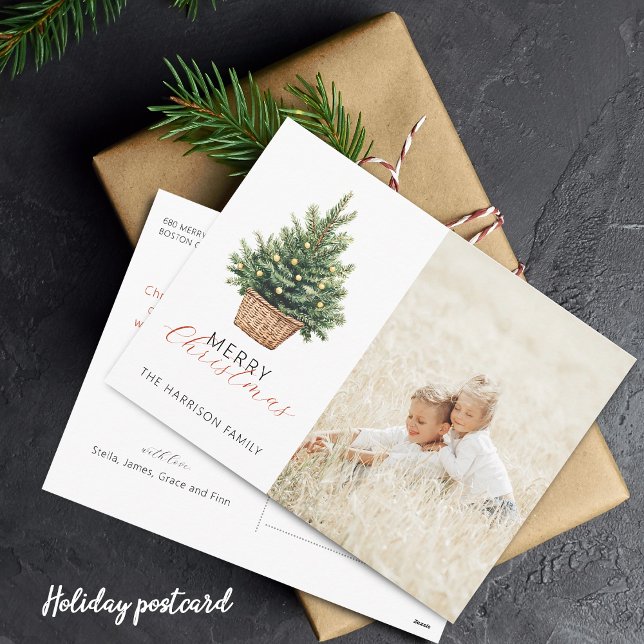 Rustic Christmas Tree In Basket Photo Holiday Postcard (Rustic Christmas Tree In Basket Flat Holiday Card)