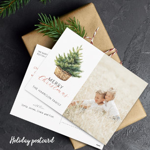 Rustic Christmas Tree In Basket Photo Holiday Postcard