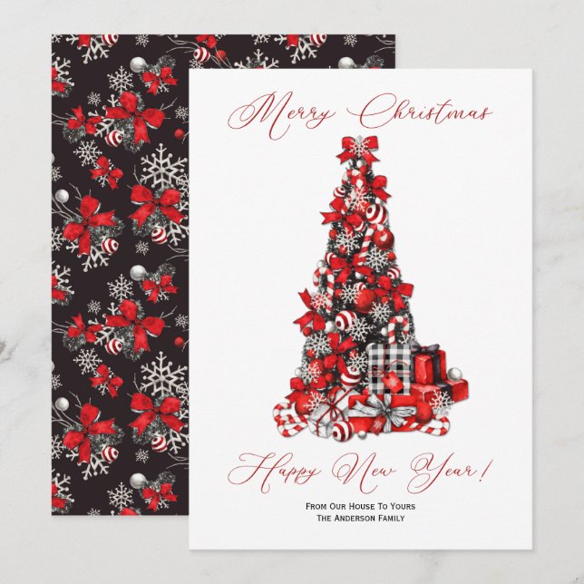 Rustic Christmas Tree in Red, Black, and White Holiday Card (Front/Back)