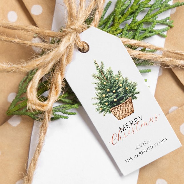 Rustic Christmas Tree Personalized Gift Tags (Rustic Christmas Tree In Basket Personalized Gift Tags)