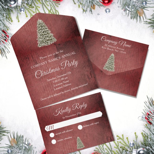 Rustic Christmas Tree Red Company Holiday Party All In One Invitation (Creator Uploaded)