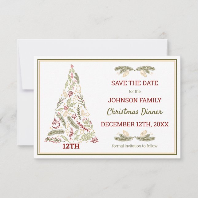 Rustic Christmas Tree Red Green Gold Festive Save The Date (Front)