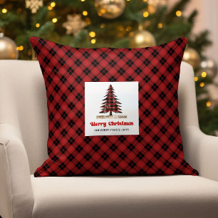 Rustic Christmas Trees Buffalo Plaid Name Pillow