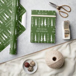 Rustic Christmas Trees on Green Personalized Wrapping Paper
