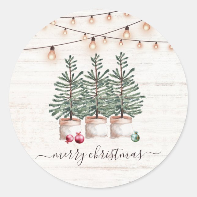 Rustic Christmas Trees Wood String Lights Classic Round Sticker (Front)