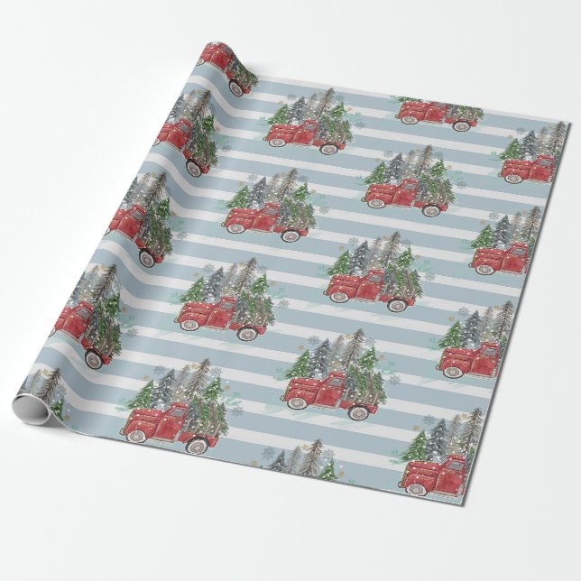 Rustic Christmas truck Trees Blue Striped Wrapping Paper (Unrolled)