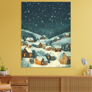 Rustic Christmas Village Under a Starry Snowfall Canvas Print
