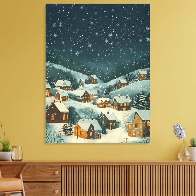 Rustic Christmas Village Under a Starry Snowfall Canvas Print (Insitu(LivingRoom))