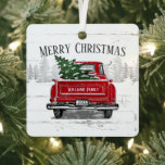 Rustic Christmas Vintage Red Truck Family Name Metal Ornament<br><div class="desc">This holiday ornament for families features a vintage red truck carrying a Christmas tree in the back on a background of white weathered wood. Above it reads "Merry Christmas" and on the back of the pickup truck is your family name and year to personalize. Designed by world renowned artist Tim...</div>