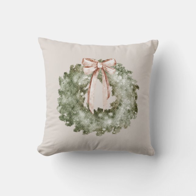 Rustic Christmas Watercolor Wreath and Bow Throw Pillow (Front)