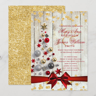 Rustic Christmas Wedding Bauble Tree Gold Glitter Invitation