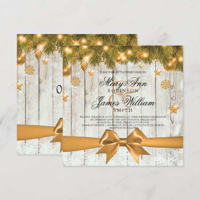 Rustic Christmas Wedding Gold Decorations & Ribbon Invitation (Front/Back)