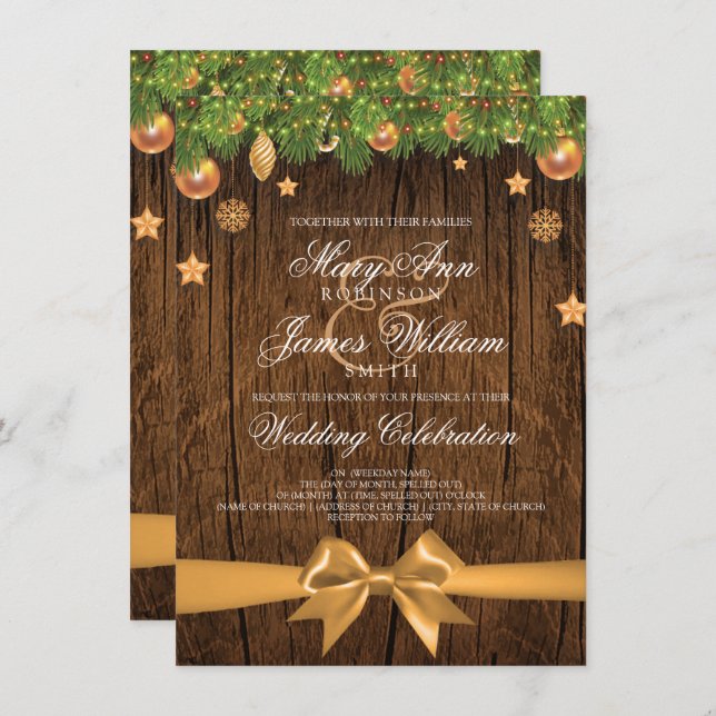 Rustic Christmas Wedding Gold Decorations & Ribbon Invitation (Front/Back)