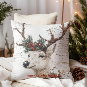 Rustic Christmas Winter Reindeer Throw Pillow