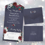 Rustic Christmas winter wedding floral RSVP All In One Invitation<br><div class="desc">Red burgundy and white winter floral bouquet with dark green fir branches and seasonal foliage on a dark midnight navy blue chalkboard background making a charming rustic budget affordable seal and send wedding invitation template with RSVP card included. The invitation is ideal for winter floral rustic Christmas traditional style weddings....</div>