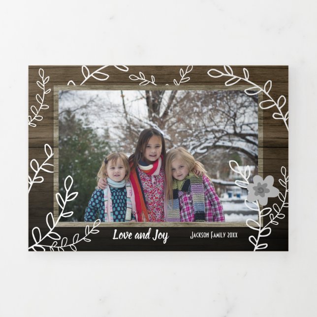 Rustic Christmas Wood and Vines Multi Photo Tri-Fold Holiday Card (Cover)