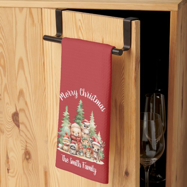 RUSTIC CHRISTMAS WOODLAND ANIMALS KITCHEN TOWEL (Thirds Fold)
