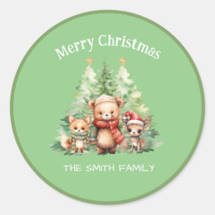 RUSTIC CHRISTMAS WOODLAND ANIMALS PERSONALIZE CLASSIC ROUND STICKER