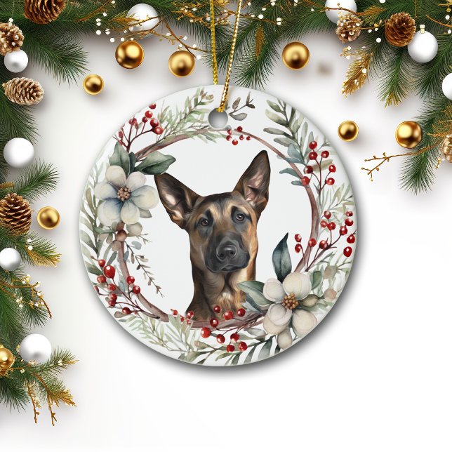 Rustic Christmas Wreath Belgian Malinois Dog Ceramic Ornament (Creator Uploaded)