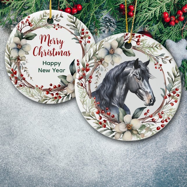 Rustic Christmas Wreath Black Horse Ceramic Ornament (Creator Uploaded)