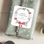 Rustic Christmas Wreath Holiday Gift Square Sticker<br><div class="desc">Custom-designed Christmas gift stickers and labels featuring Christmas winter wreath design with red berries and pine.</div>