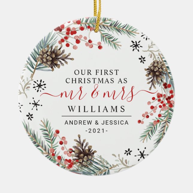 Rustic Christmas Wreath | Mr. & Mrs. Photo Ceramic Ornament (Front)