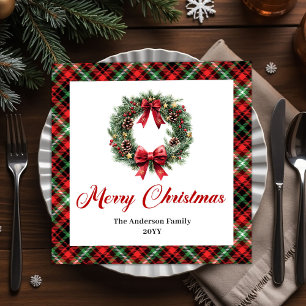 Rustic Christmas Wreath Napkins Red Green Pattern