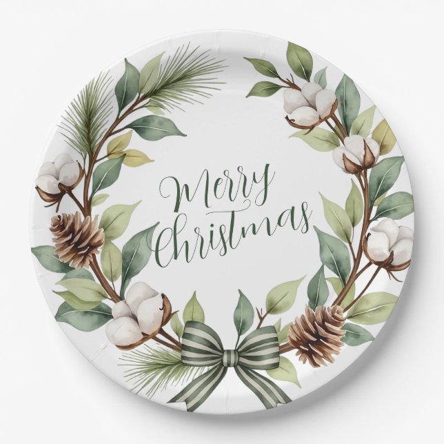 Rustic Christmas Wreath Paper Plate (Front)