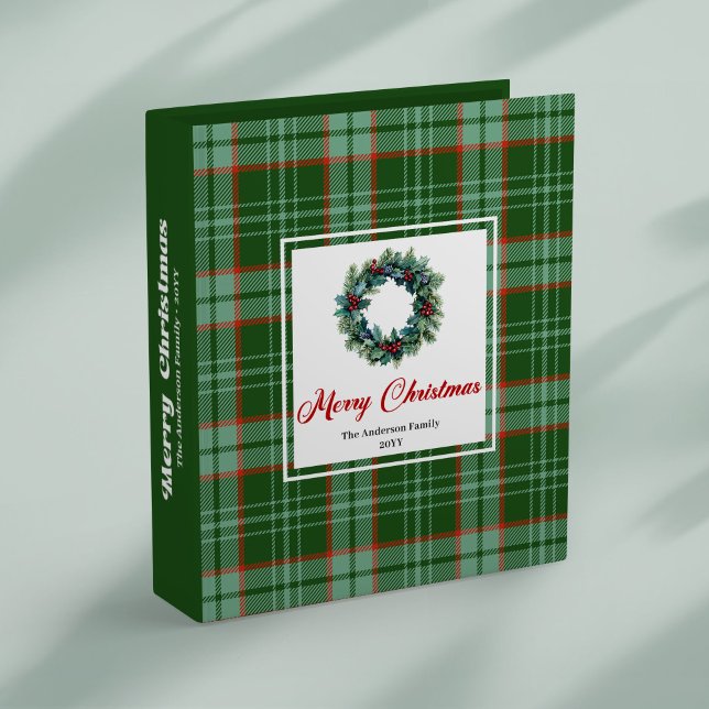 Rustic Christmas wreath red green plaid memory  Binder (Rustic Christmas wreath red green plaid memory 3 ring binder)