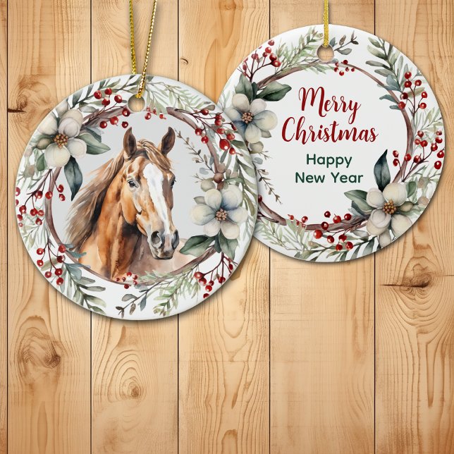 Rustic Christmas Wreath Sorrel Red Horse Ceramic Ornament (Creator Uploaded)