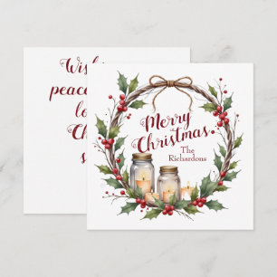 Rustic Christmas Wreath with Holly Holiday Card