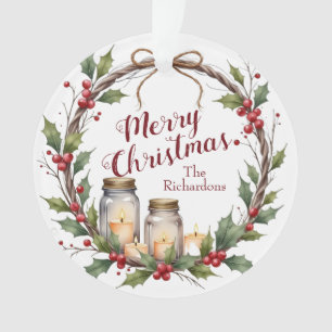 Rustic Christmas Wreath with Holly Ornament