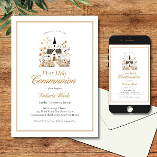 Rustic Church Floral Girls Holy Communion Invitation