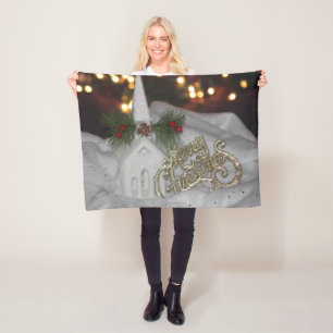 Rustic Church Lights Merry Christmas White Gold Fleece Blanket