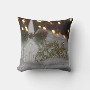 Rustic Church Merry Christmas White Gold Green Throw Pillow