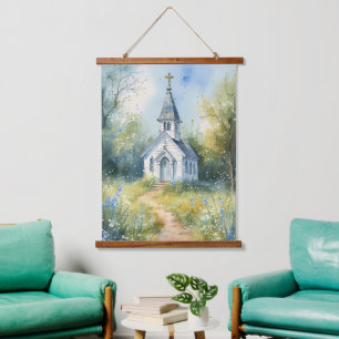 Rustic Church Path in Wildflower Meadow Hanging Tapestry