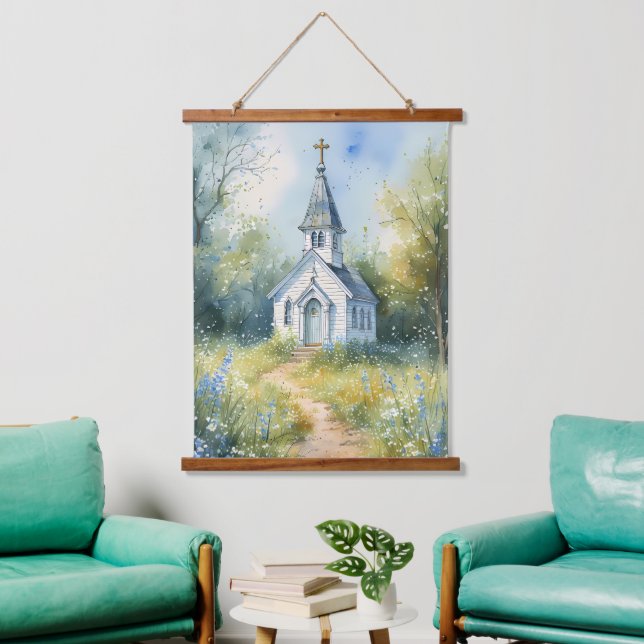 Rustic Church Path in Wildflower Meadow Hanging Tapestry (Living Room)